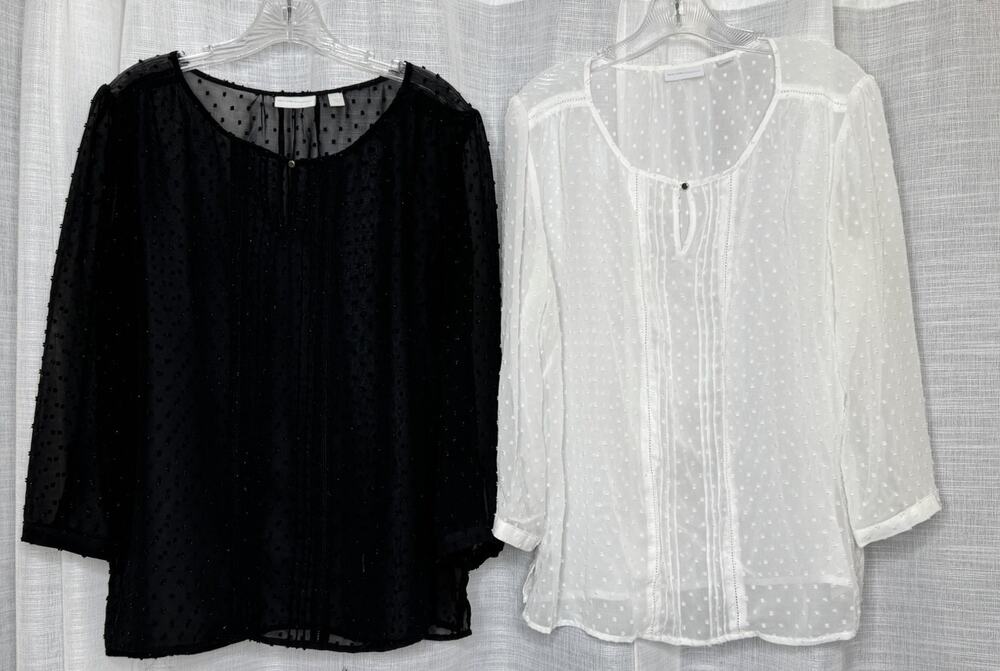 Set of 2 New York & Co Black White Sz Large Blouse Shirt Top Polka Dot Sheer